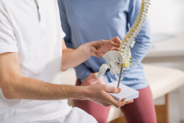 partial view of osteopath holding spine model near patient in rehabilitation center