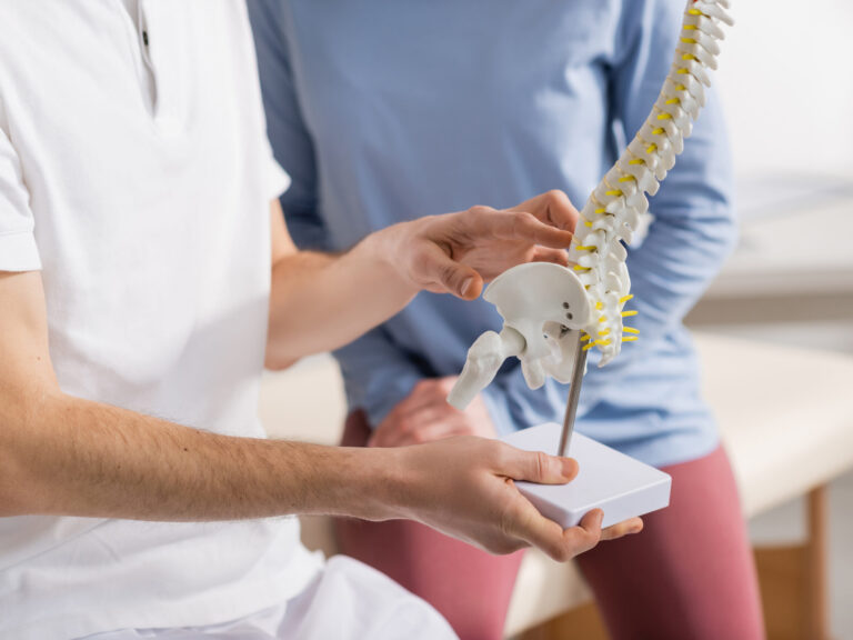 partial view of osteopath holding spine model near patient in rehabilitation center